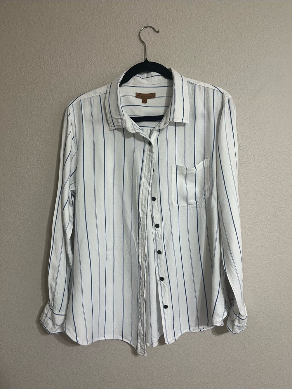 White Button-Up Shirt with Blue Pinstripes